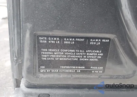 2009 Saab 9-3 2.0T from USA, damaged, VIN YS3FB52Y991019408